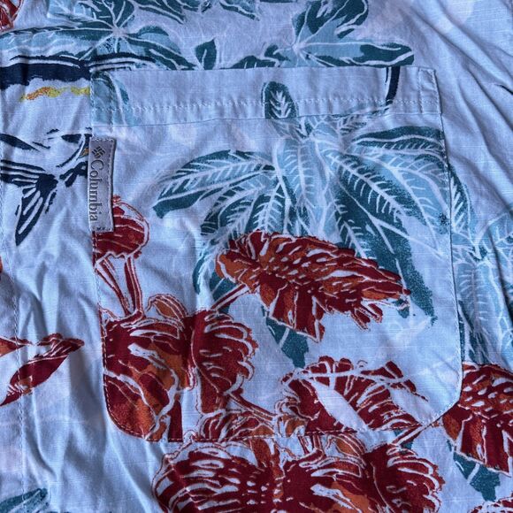 Men’s Columbia Button Down T Shirt Fish and Plant Print Blue Red Orange Size L - Picture 4 of 8